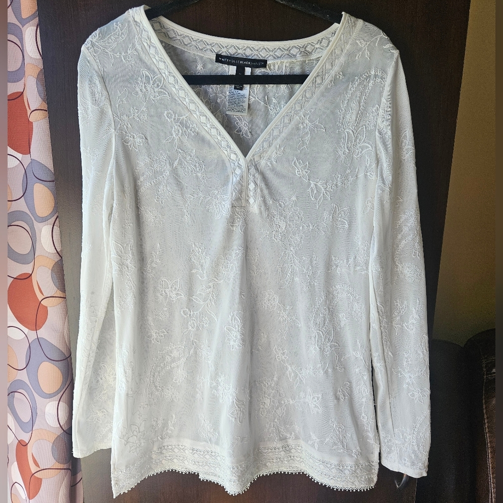 White House Black Market White Lace V-Neck Sheer Blouse